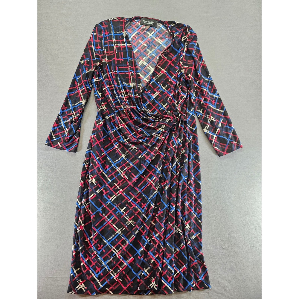 Black Label by Evan-Picone Geometric Faux Wrap Sheath Dress Red Blue White 12